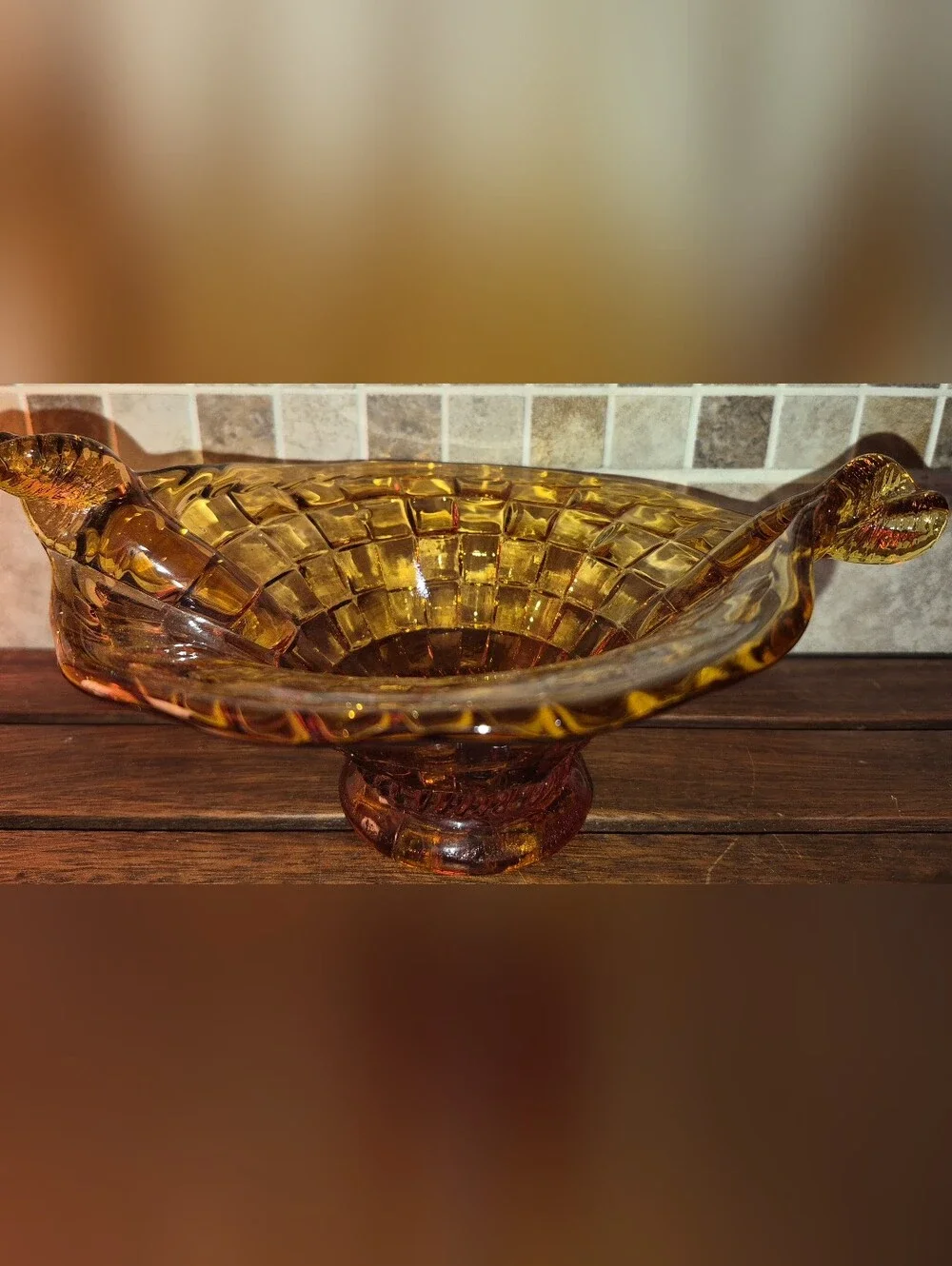 Vintage Fenton Amber pressed glass basketweave bowl w/ twisted split-handles